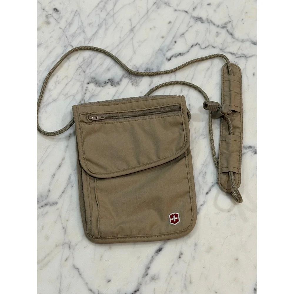 Victorinox Swiss Army Travel Neck Pouch Passport Holder Tan Khaki Nylon Bag